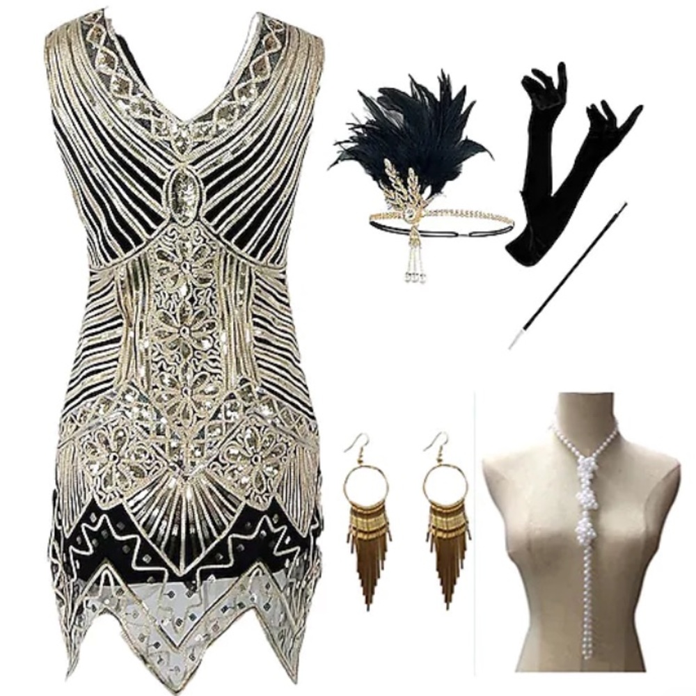 Great Gatsby inspired 1920s Flapper Dress, Gloves, Headwear, Necklace, Earrings